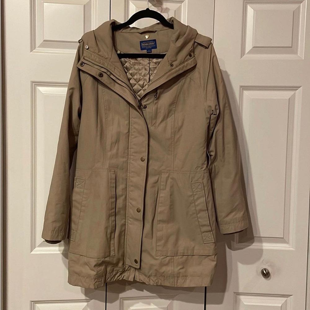 Pendleton Tan Gold Rain Jacket Snap Button Up Full Zip Hooded Women’s L Coat